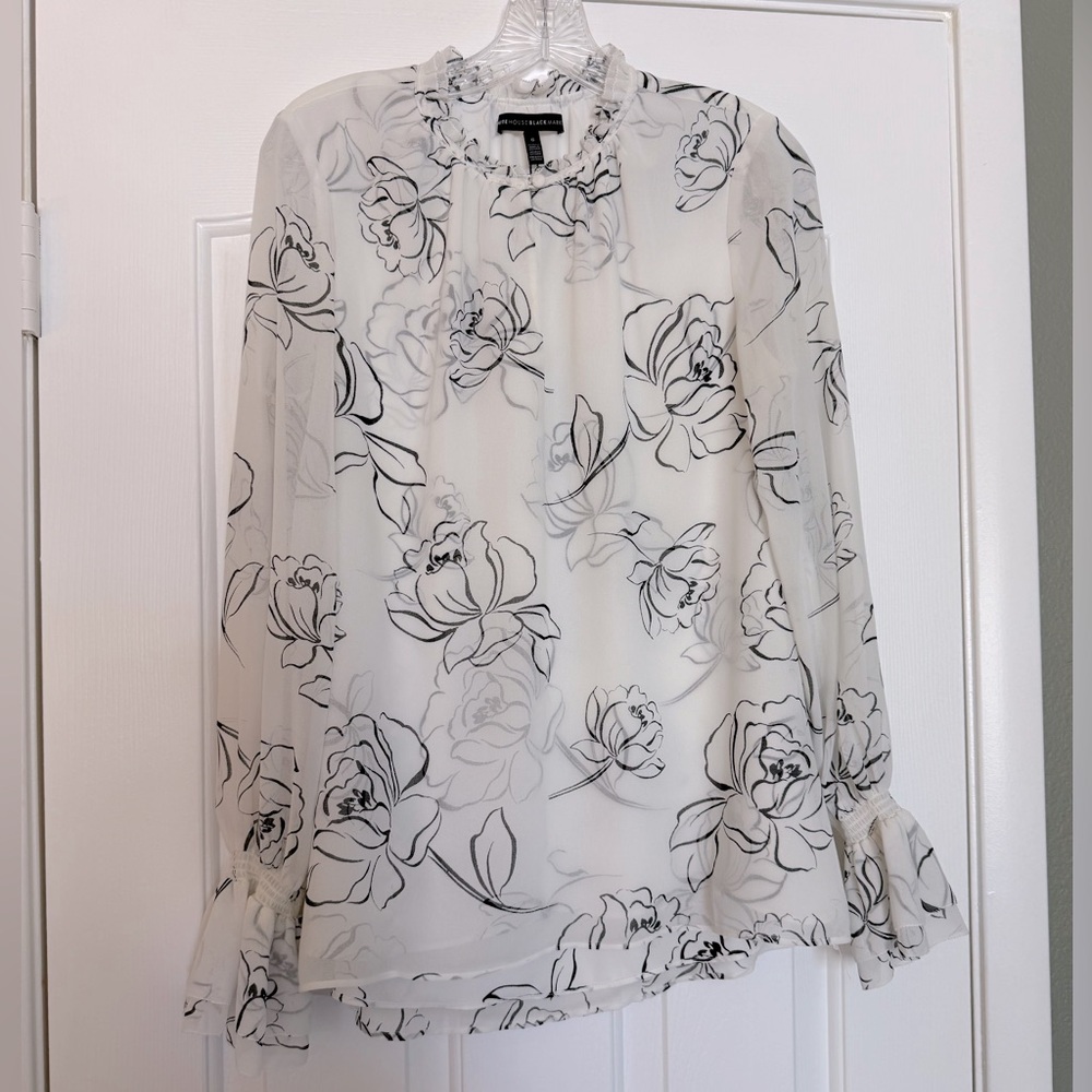 White House Black Market Black and White Blouse with Mandarin Collar
